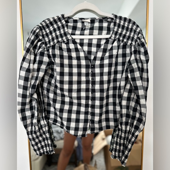 A New Day Target Black and White Gingham Balloon Long Sleeve Top - Picture 1 of 3
